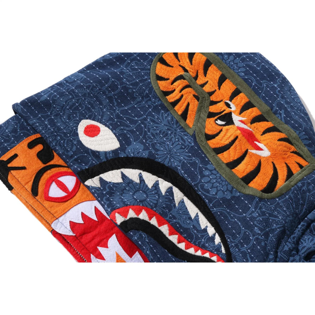 JAPANESE INDIGO ART CAMO DOUBLE TIGER SHARK FULL ZIP HOODIE MENS